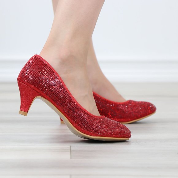 Red Sparkly Rhinestone Round Toe Slip On Low Heel Shows - Picture 5 of 12